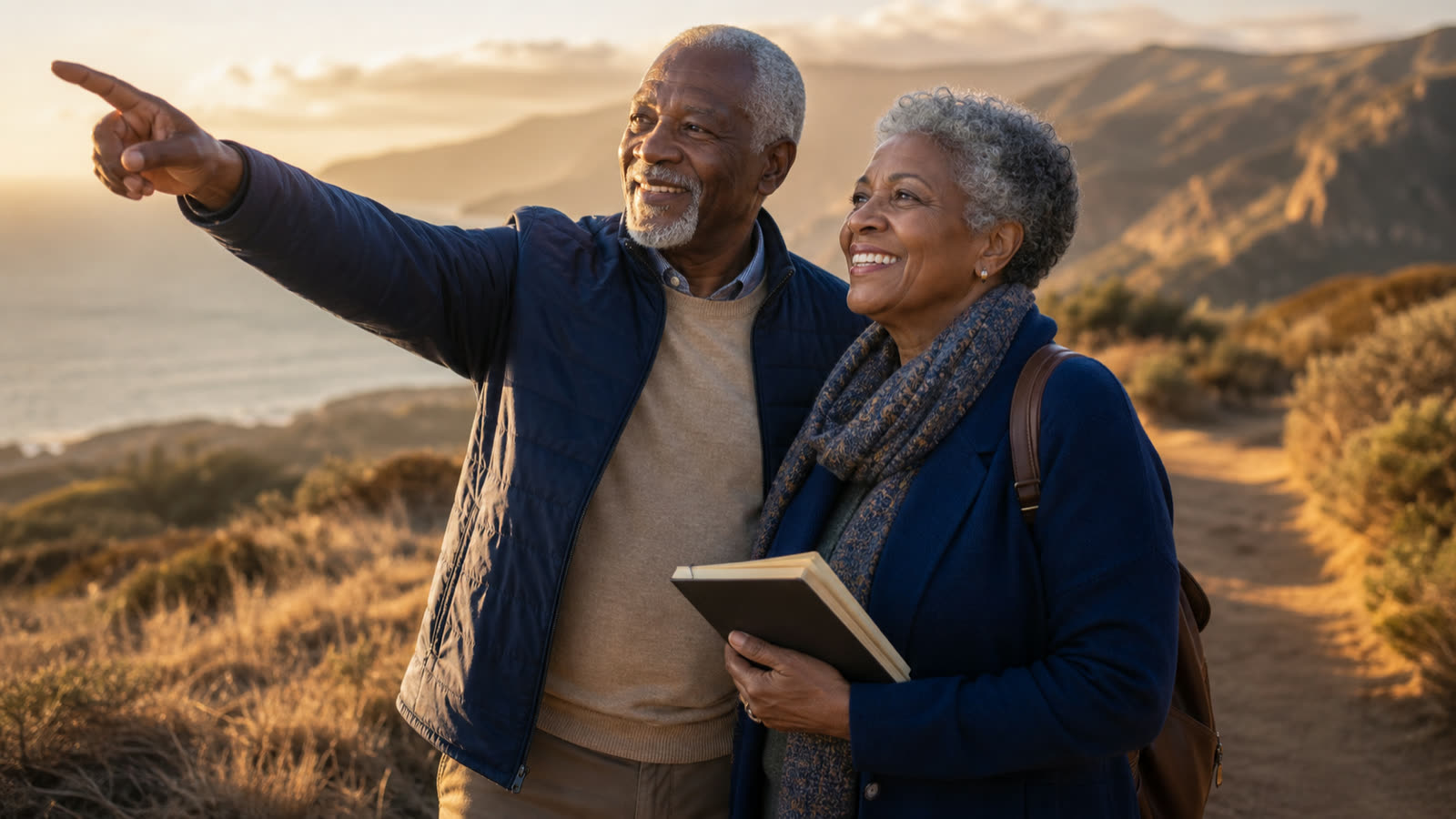 A joyful older couple exploring a sunlit mountain trail